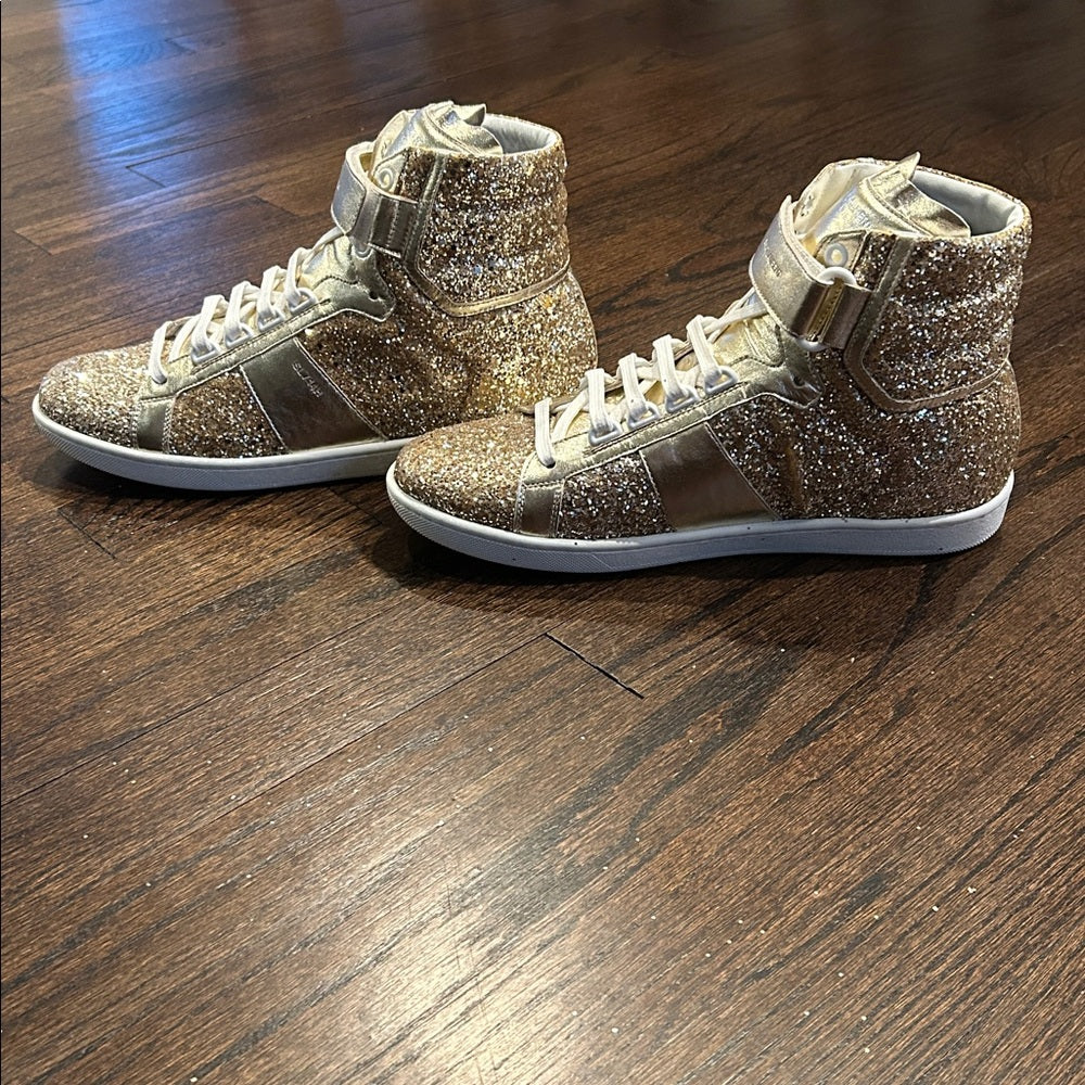 Saint Laurent Women’s Gold Glitter High-Top Sneakers Size 39.5