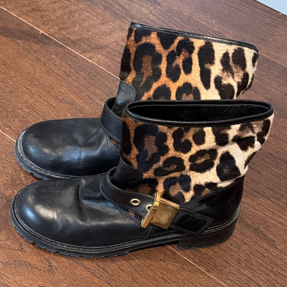 Giuseppe Zanotti Leopard Print Black Leather Boots with Gold Buckle Size 41/11