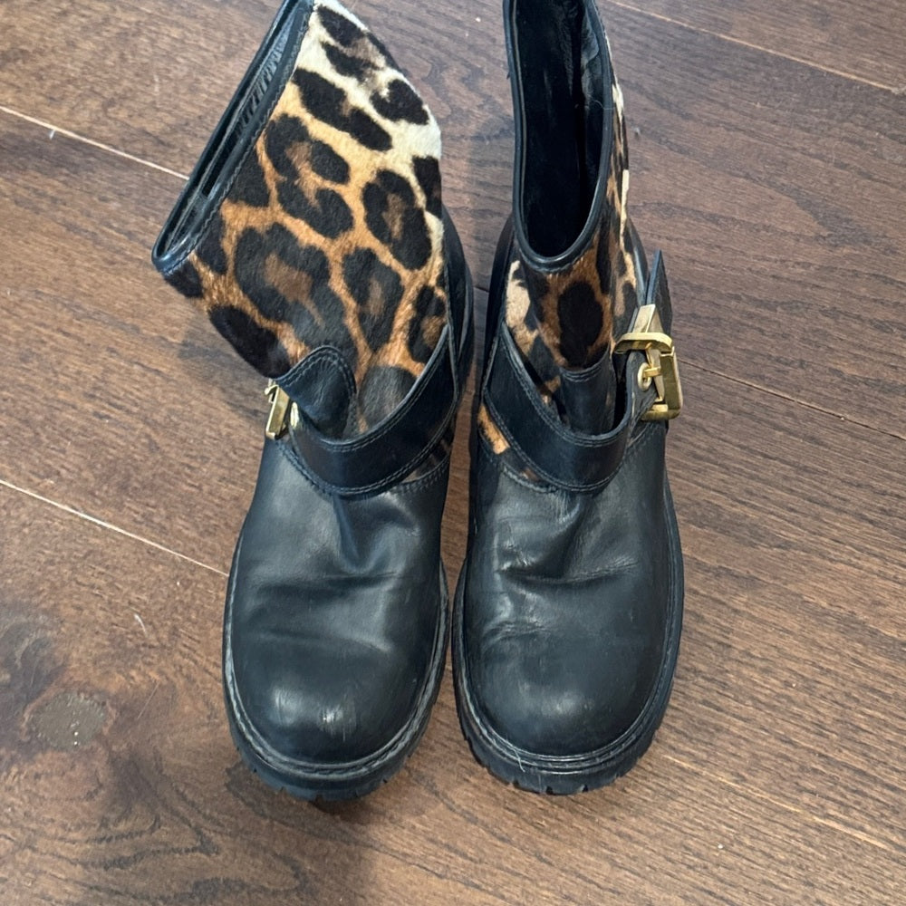 Giuseppe Zanotti Leopard Print Black Leather Boots with Gold Buckle Size 41/11