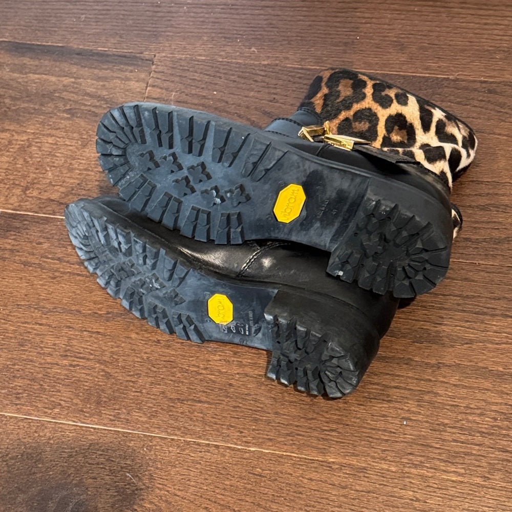 Giuseppe Zanotti Leopard Print Black Leather Boots with Gold Buckle Size 41/11
