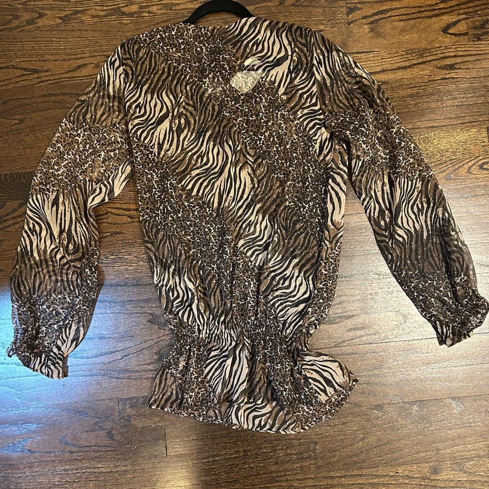 NWT Kay Celine Women’s Brown Zebra Print Blouse Size Large