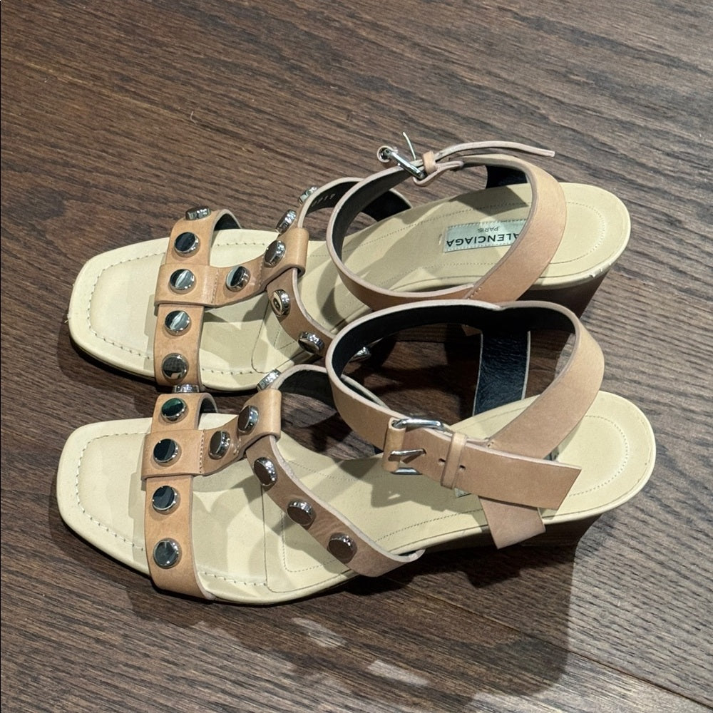 Balenciaga Tan Sandals with Silver Details Wedges Size 39.5