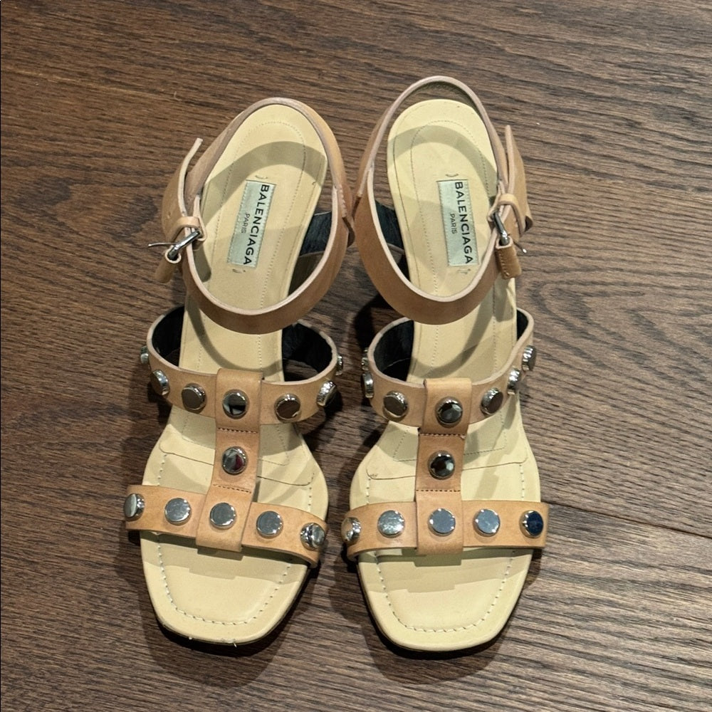 Balenciaga Tan Sandals with Silver Details Wedges Size 39.5