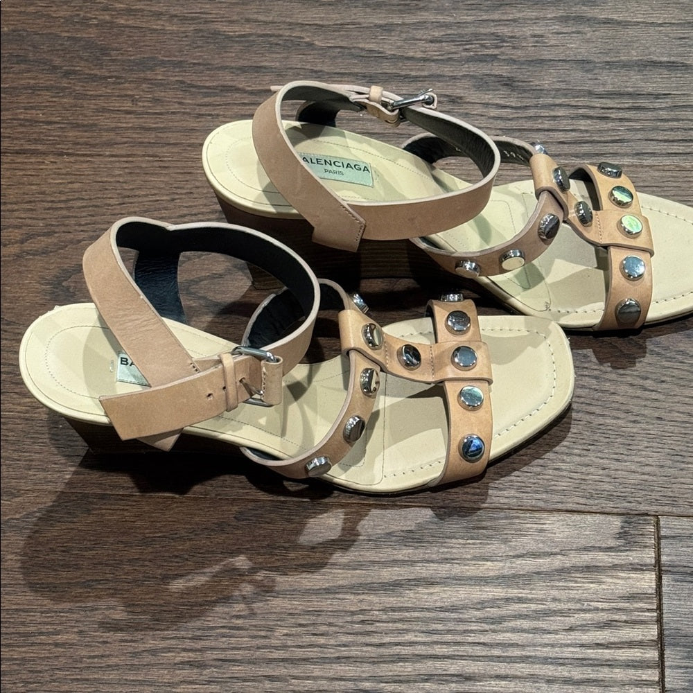 Balenciaga Tan Sandals with Silver Details Wedges Size 39.5
