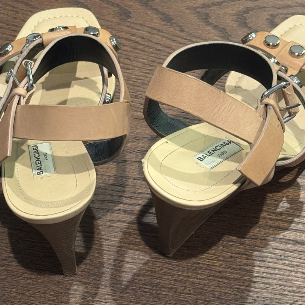Balenciaga Tan Sandals with Silver Details Wedges Size 39.5