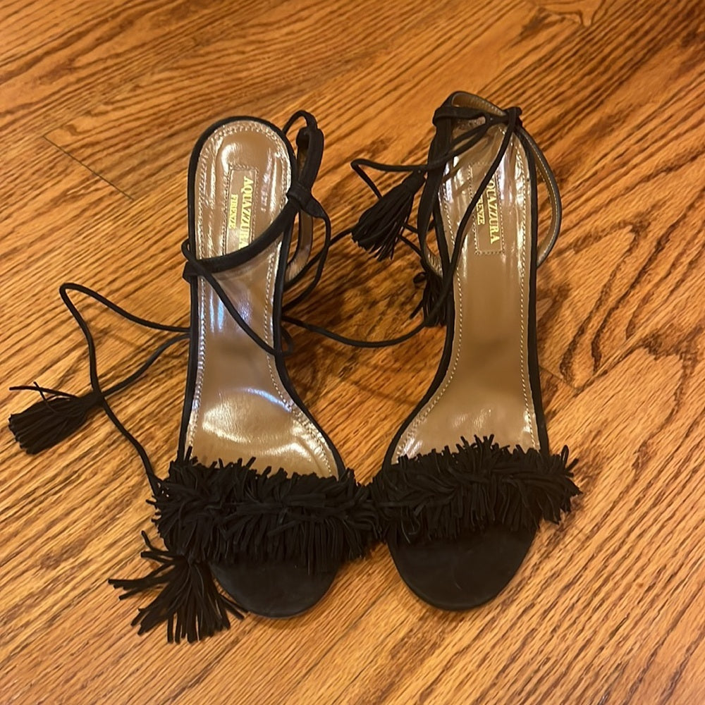 Aquazzura Woman’s Black Fringe Heels Size 40.5/10.5