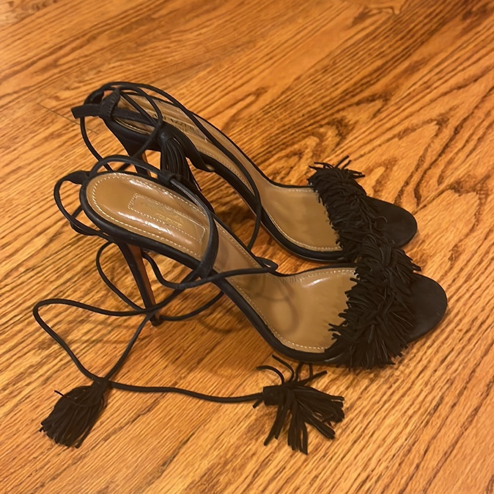 Aquazzura Woman’s Black Fringe Heels Size 40.5/10.5