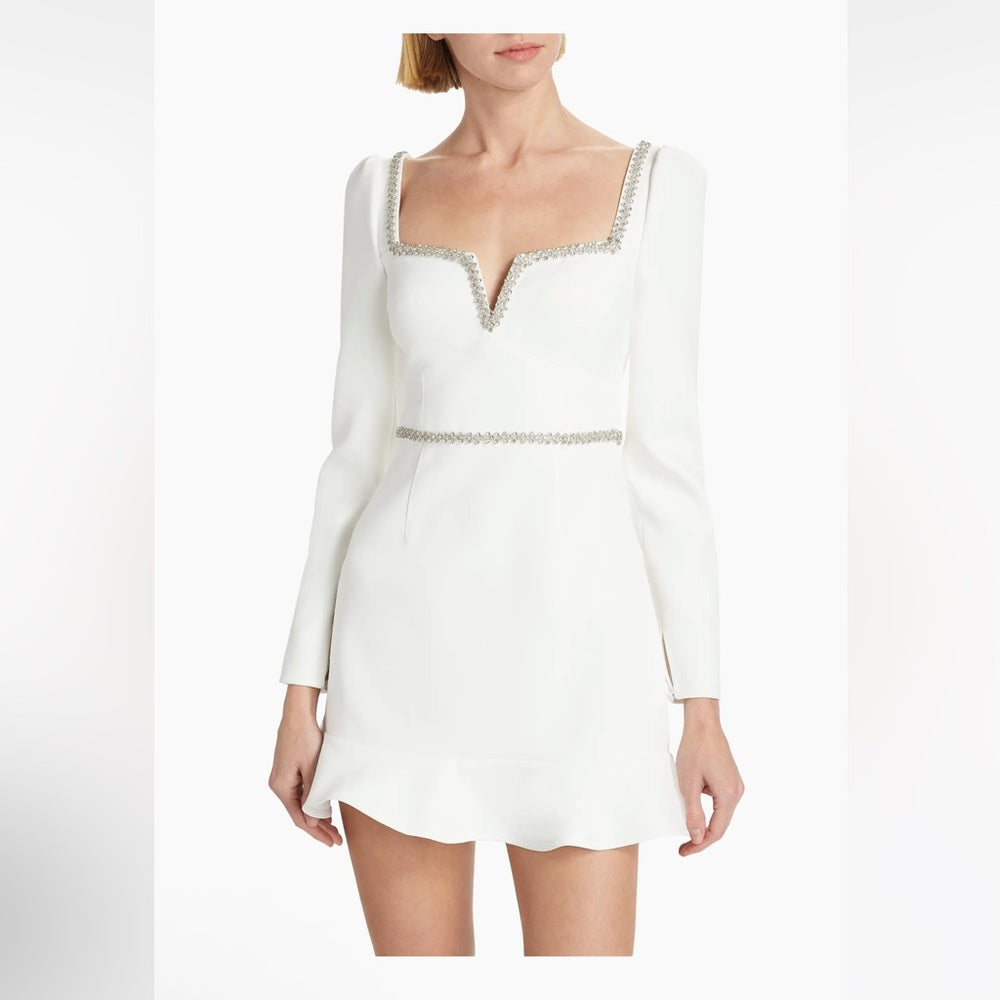 NWT Self-Portrait White Bonded Crêpê Embellished Flounce Minidress Size 0