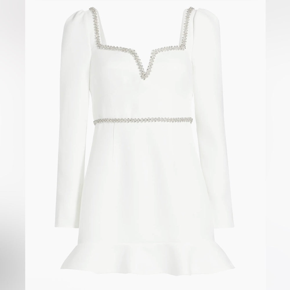 NWT Self-Portrait White Bonded Crêpê Embellished Flounce Minidress Size 0