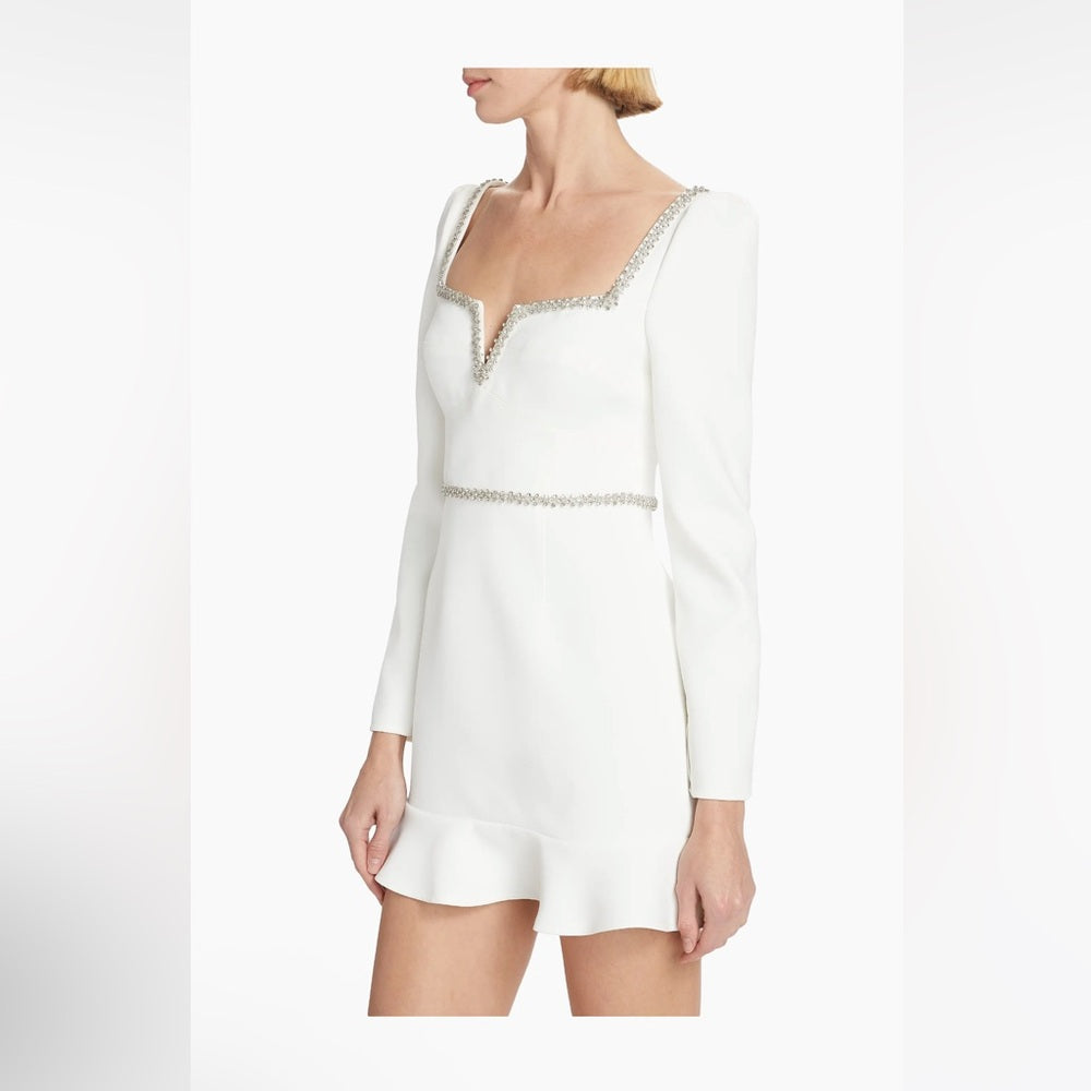 NWT Self-Portrait White Bonded Crêpê Embellished Flounce Minidress Size 0