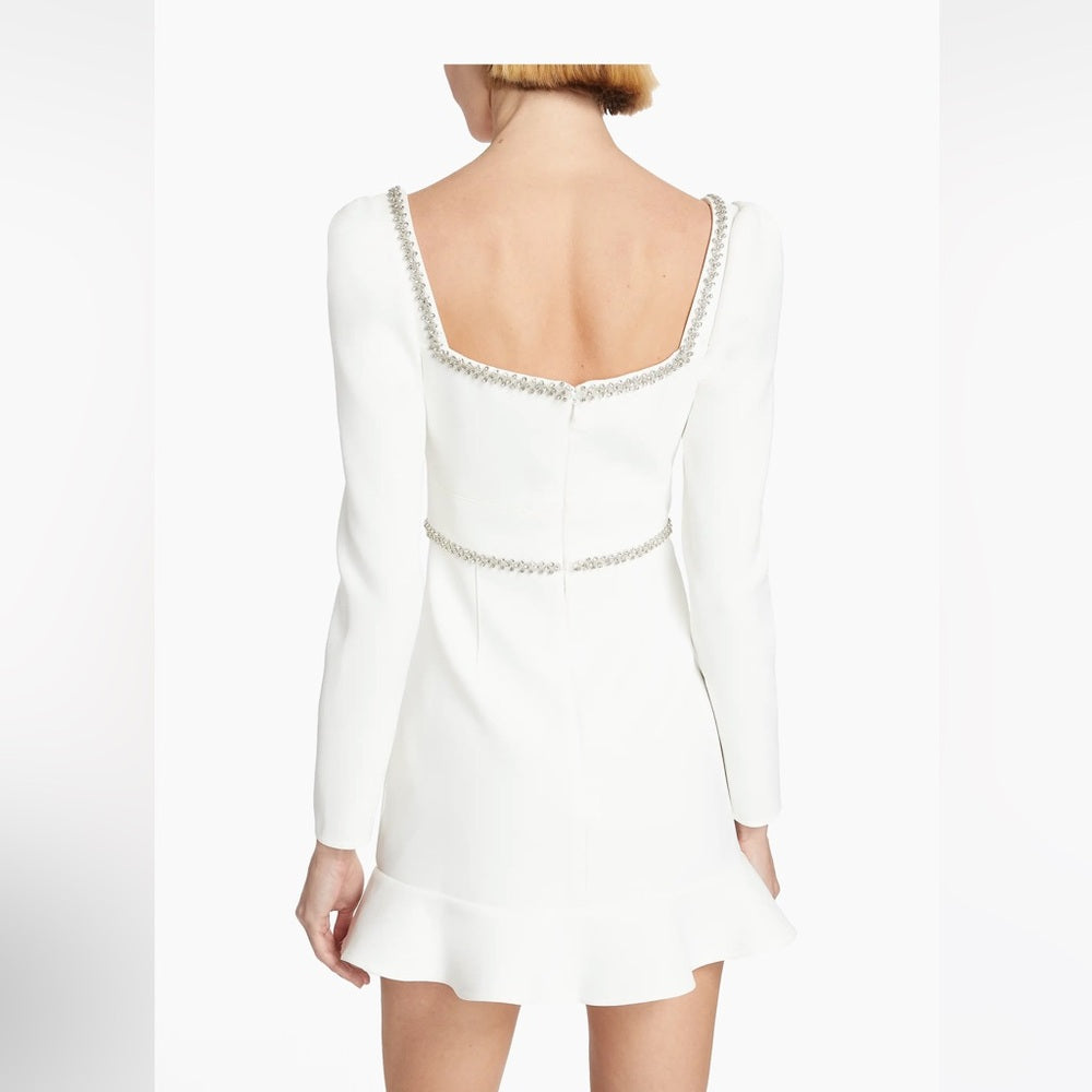 NWT Self-Portrait White Bonded Crêpê Embellished Flounce Minidress Size 0