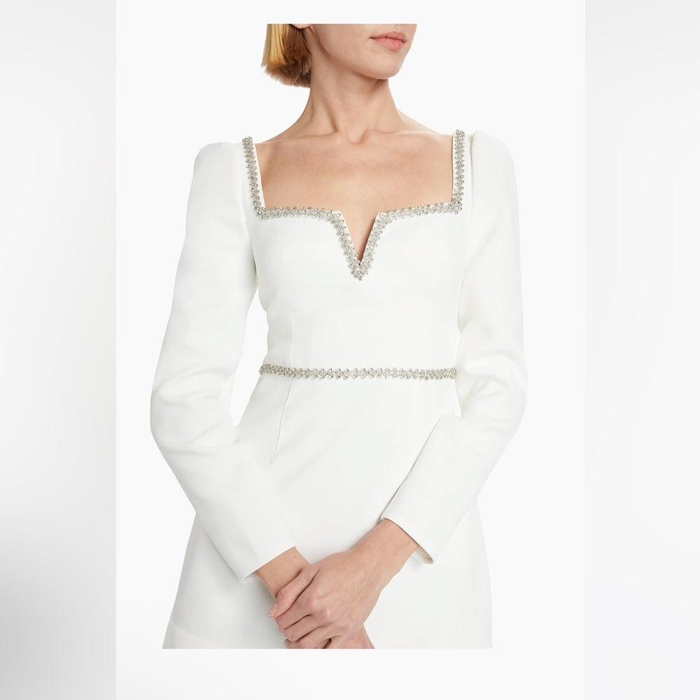 NWT Self-Portrait White Bonded Crêpê Embellished Flounce Minidress Size 0