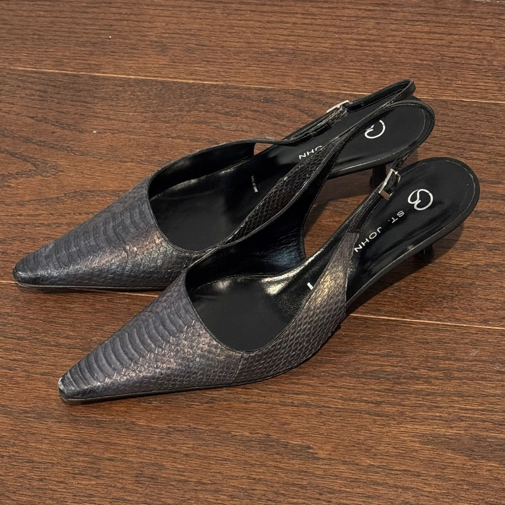 St. John Black Textured Pointed-Toe Slingback Heels