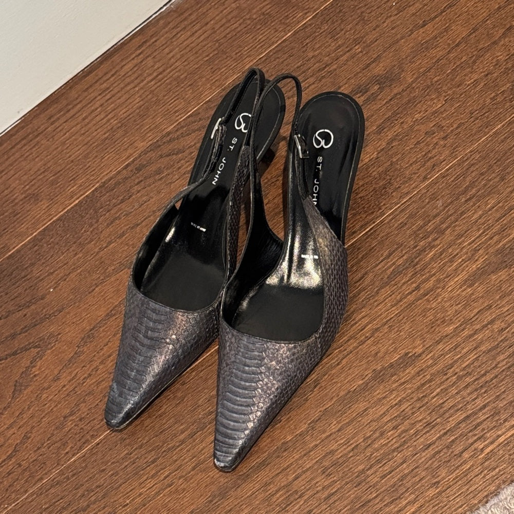 St. John Black Textured Pointed-Toe Slingback Heels