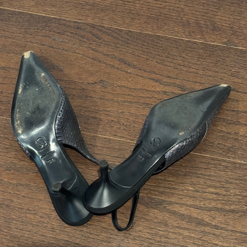 St. John Black Textured Pointed-Toe Slingback Heels