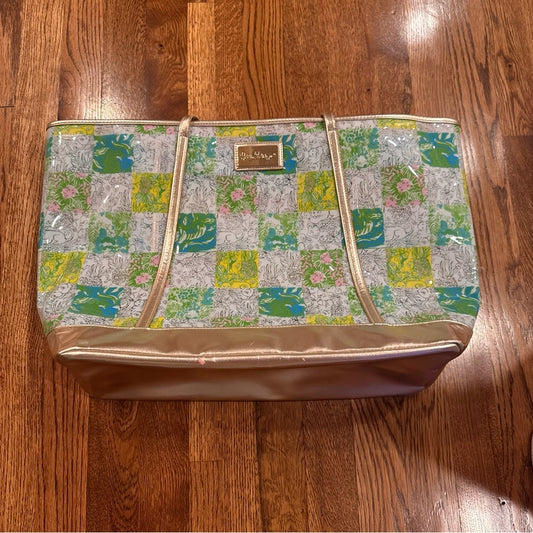 Lilly Pulitzer Green and Yellow Patchwork Tote with Gold Accents