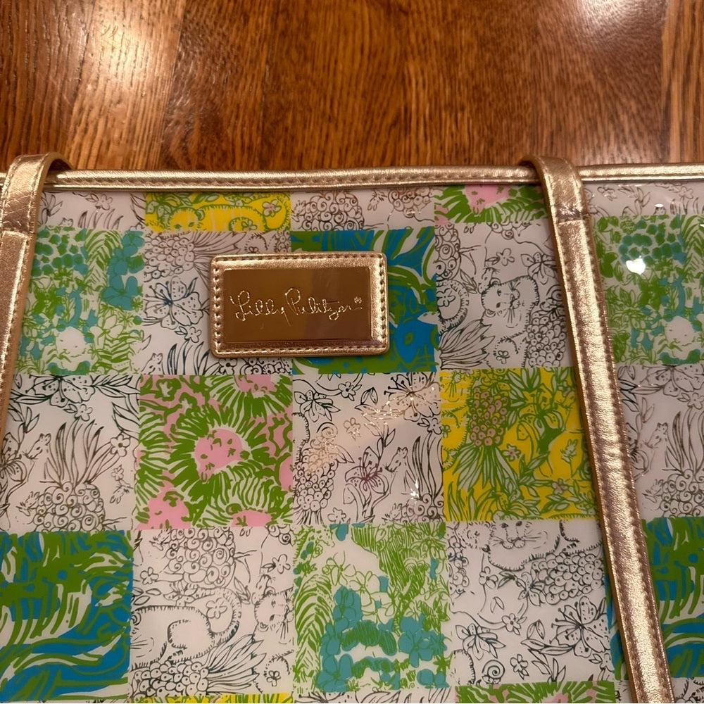 Lilly Pulitzer Green and Yellow Patchwork Tote with Gold Accents