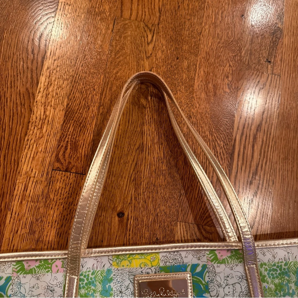 Lilly Pulitzer Green and Yellow Patchwork Tote with Gold Accents