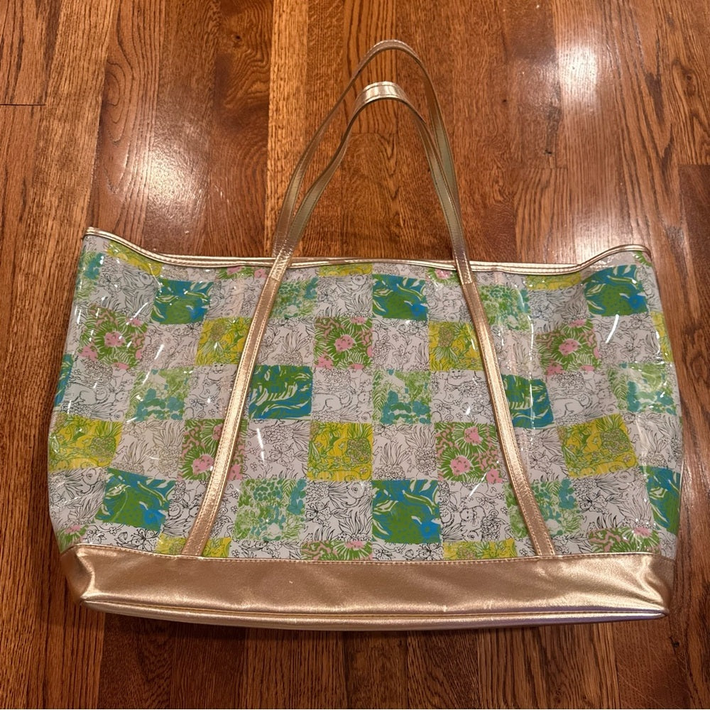 Lilly Pulitzer Green and Yellow Patchwork Tote with Gold Accents
