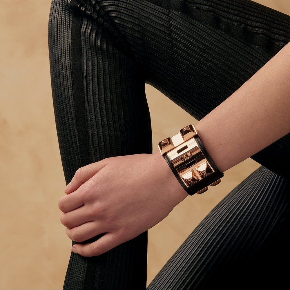 NWOT Hermes Collier de Chien Bracelet Black and Rose Gold Leather Bracelet
