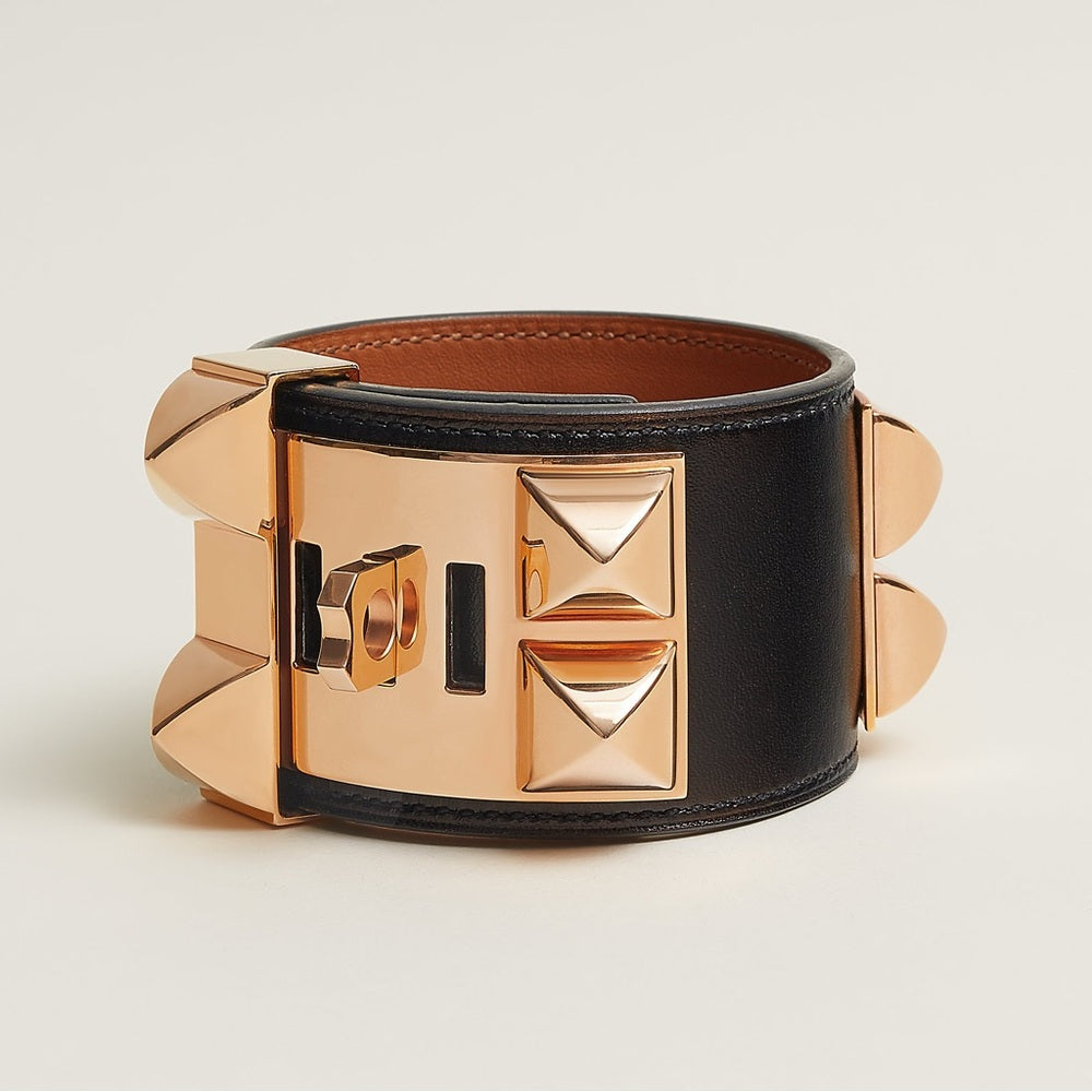 NWOT Hermes Collier de Chien Bracelet Black and Rose Gold Leather Bracelet
