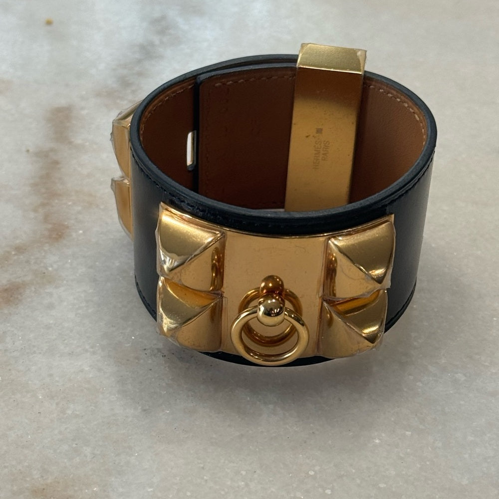 NWOT Hermes Collier de Chien Bracelet Black and Rose Gold Leather Bracelet