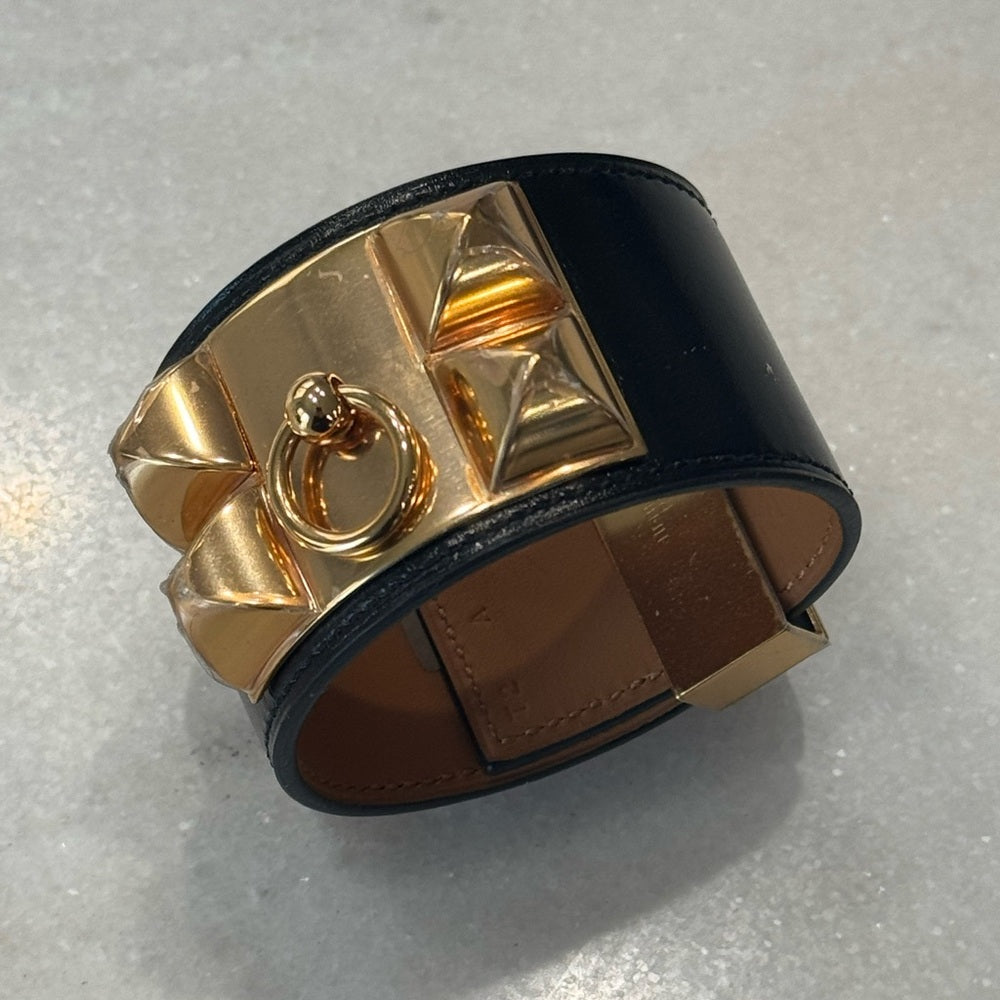 NWOT Hermes Collier de Chien Bracelet Black and Rose Gold Leather Bracelet
