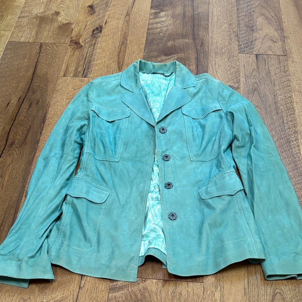Elie Tahari Woman’s Teal Suede Leather Jacket Size XS