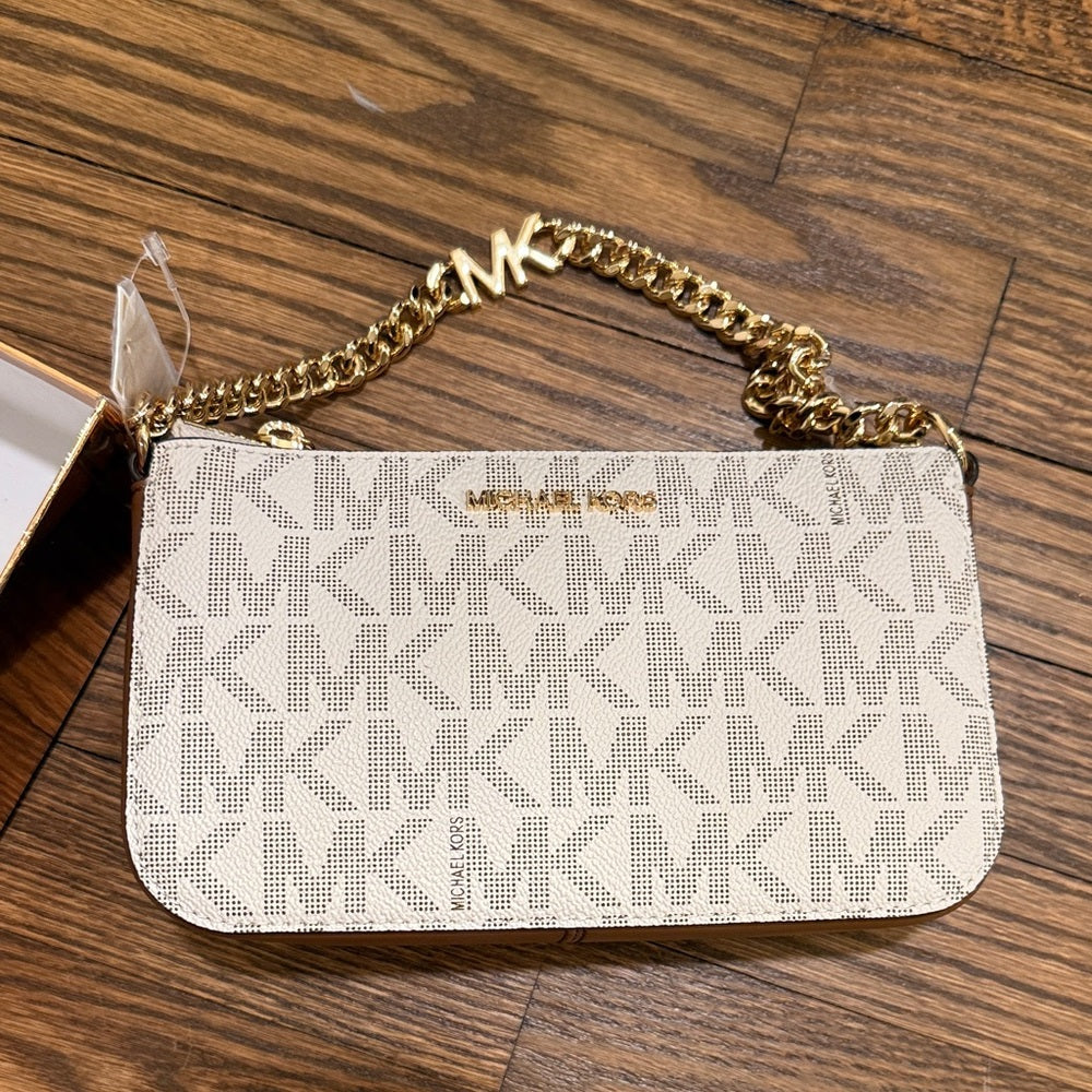 NWT Michael Kors Cream MK Logo Chain Wristlet with Gold Hardware