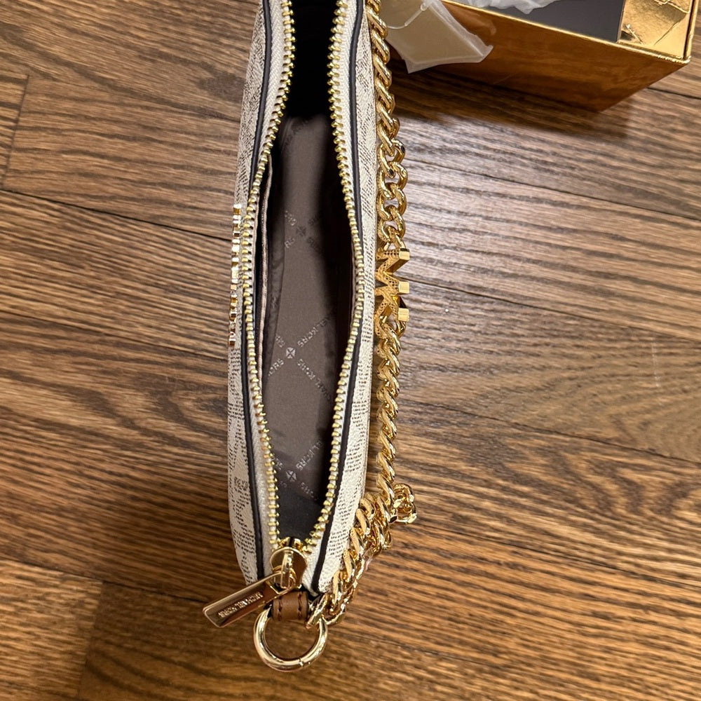 NWT Michael Kors Cream MK Logo Chain Wristlet with Gold Hardware