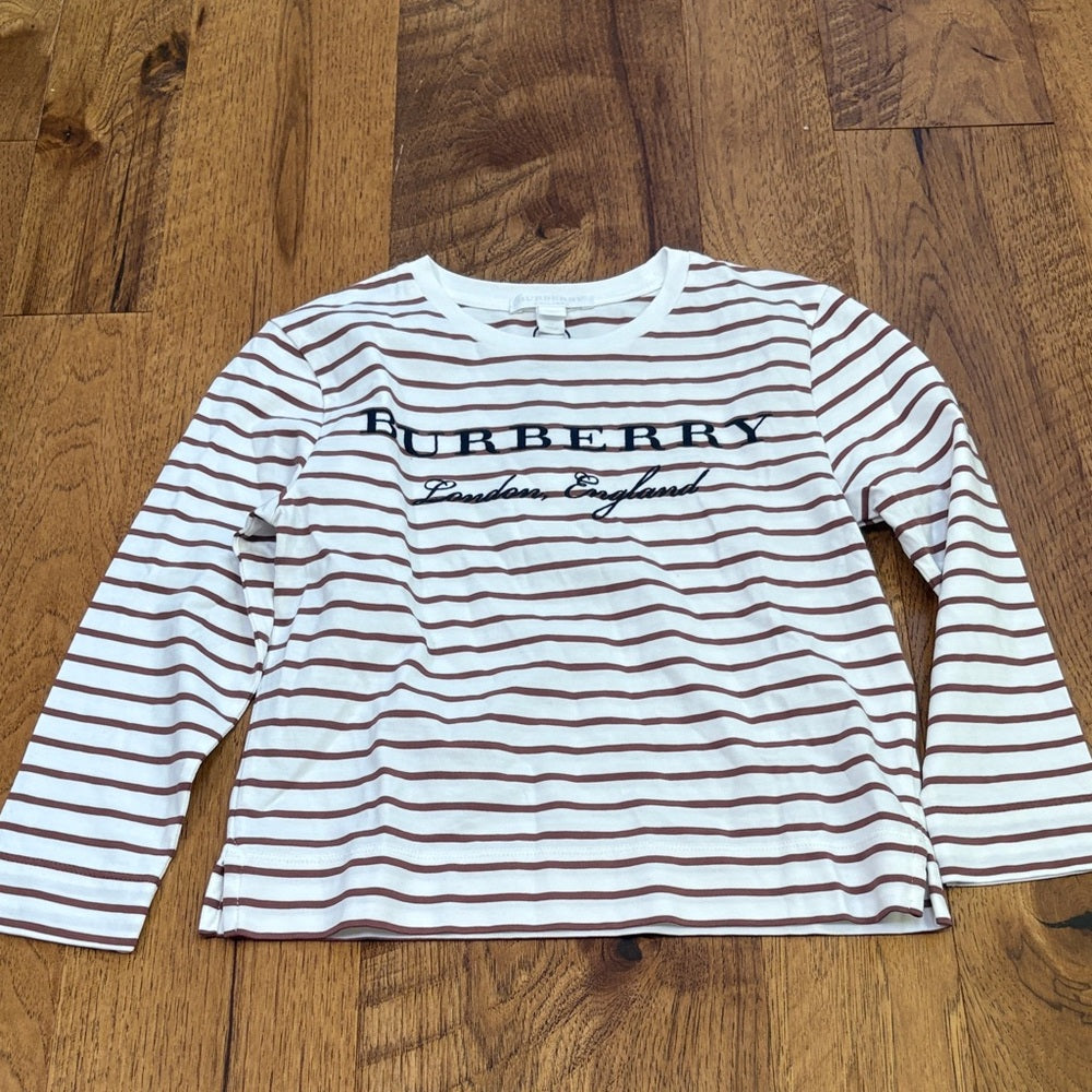 NWT Burberry Kids Long Sleeve Striped Tee - Brown and White Size 7