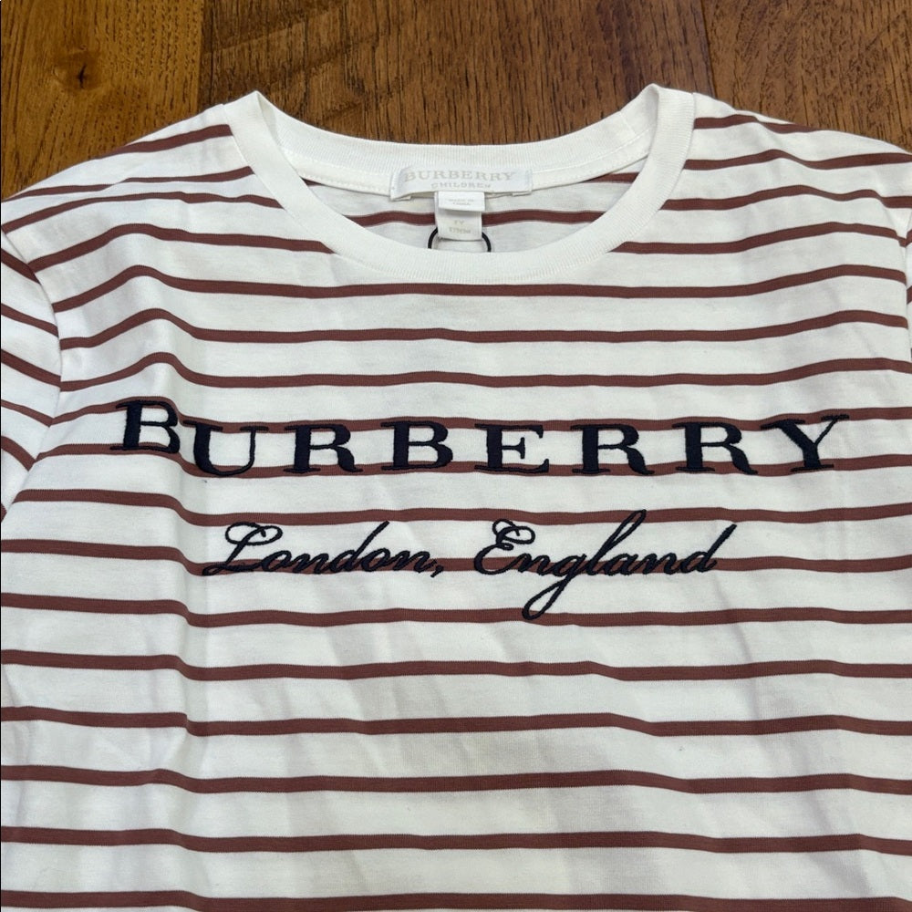 NWT Burberry Kids Long Sleeve Striped Tee - Brown and White Size 7