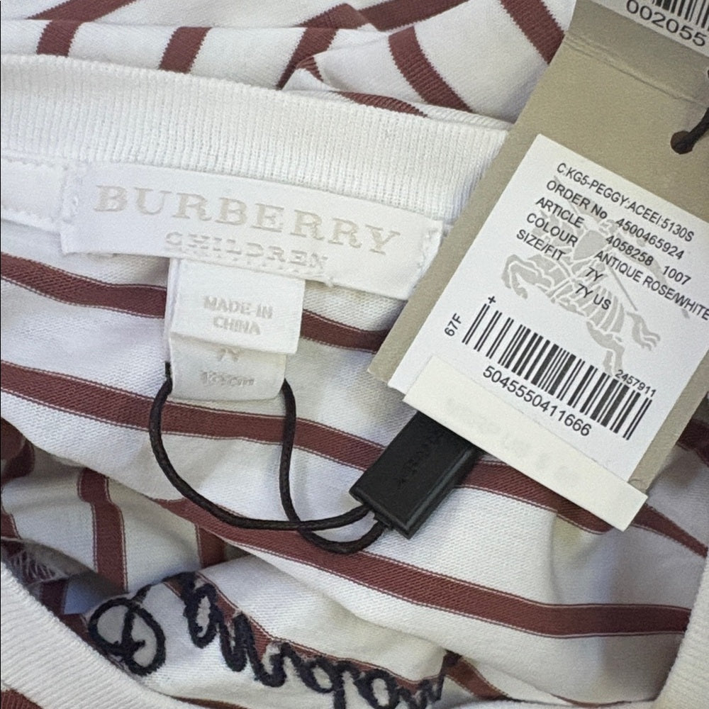 NWT Burberry Kids Long Sleeve Striped Tee - Brown and White Size 7