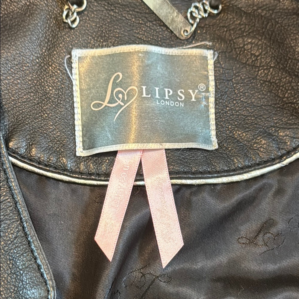 Lipsy Black Leather Jacket with Ruffle Trim Kids Size 10