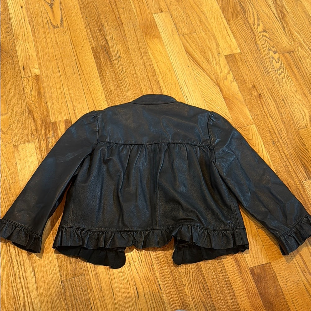 Lipsy Black Leather Jacket with Ruffle Trim Kids Size 10