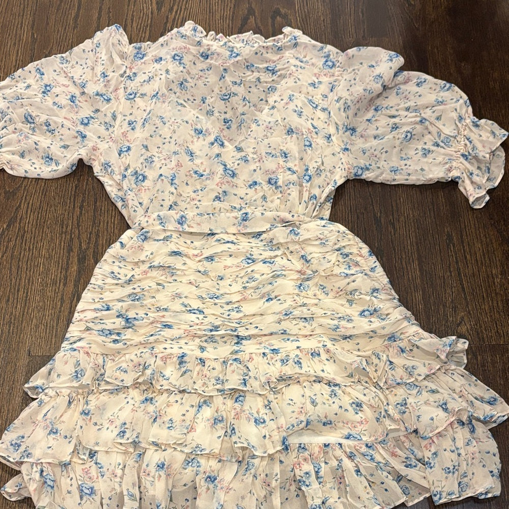 LoveShackFancy Women’s Blue and Pink Floral Mini Dress Size 8