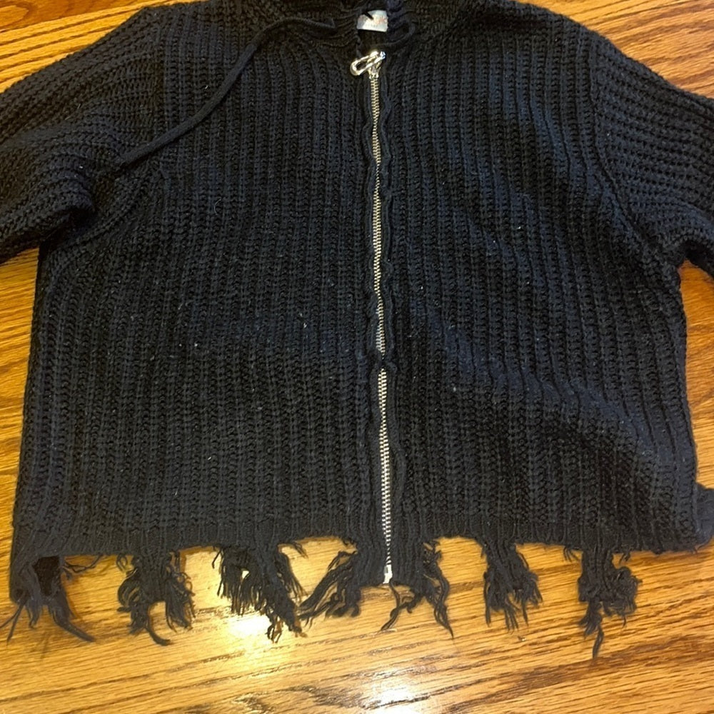 Tweenstyle Girl’s Black Distressed Hooded Sweater Jacket Size 8