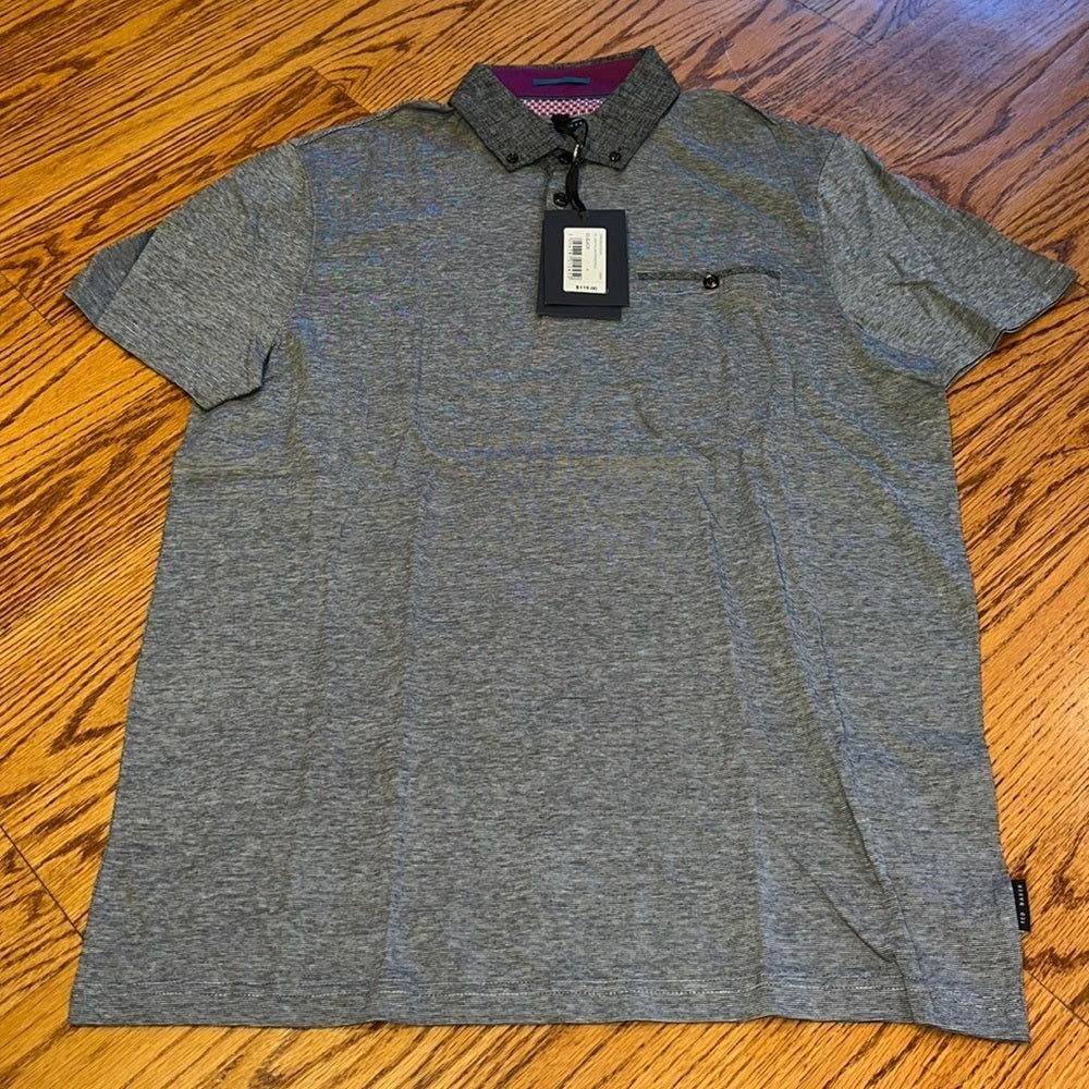 NWT Ted Baker London Men’s Black Linen Collar Striped Polo Size 4 (L)