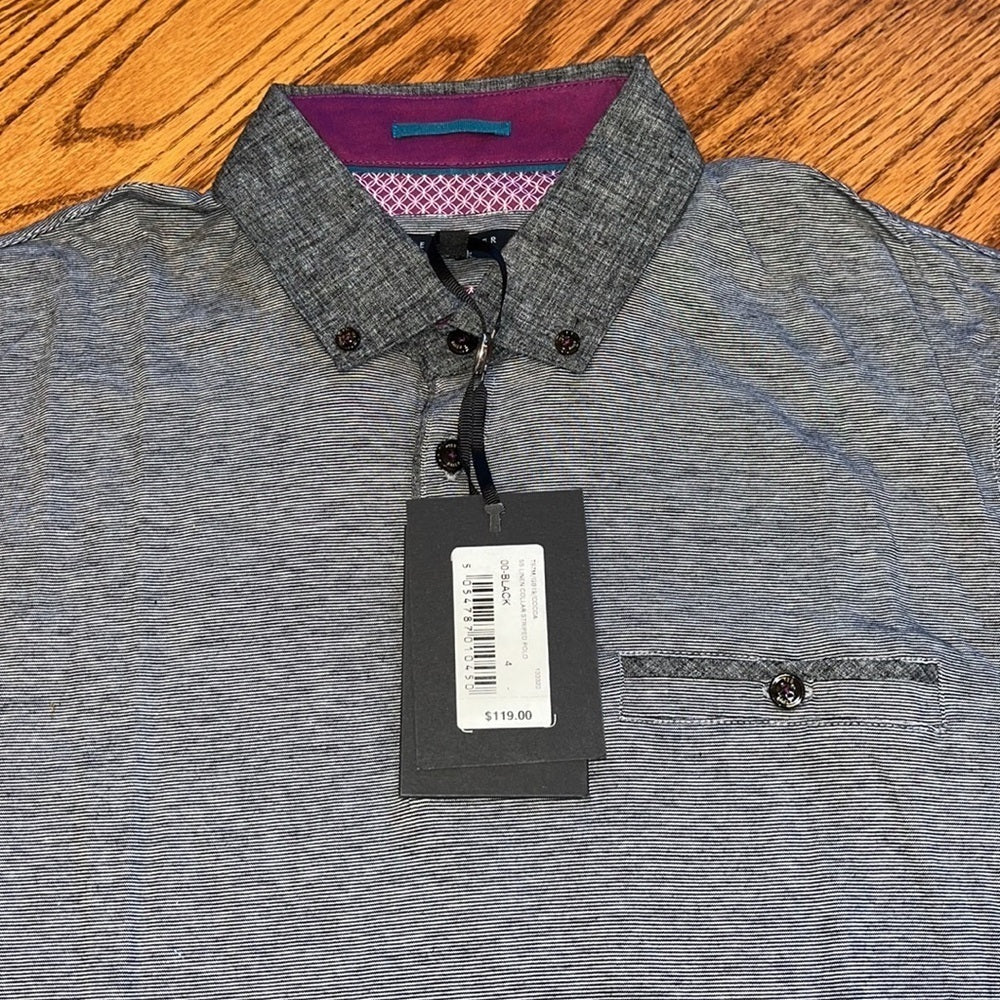 NWT Ted Baker London Men’s Black Linen Collar Striped Polo Size 4 (L)