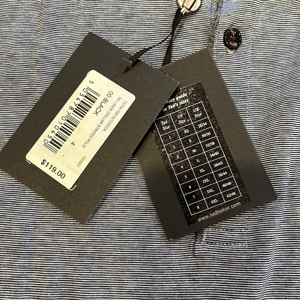 NWT Ted Baker London Men’s Black Linen Collar Striped Polo Size 4 (L)