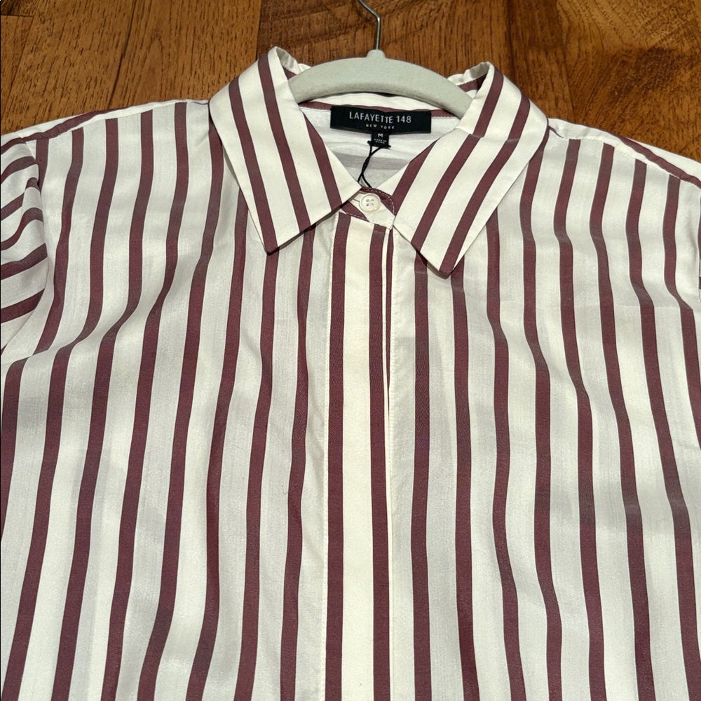 NWT Lafayette 148 Woman’s Lingonberry Multi Striped Button Down Size M