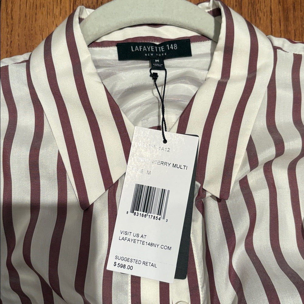 NWT Lafayette 148 Woman’s Lingonberry Multi Striped Button Down Size M