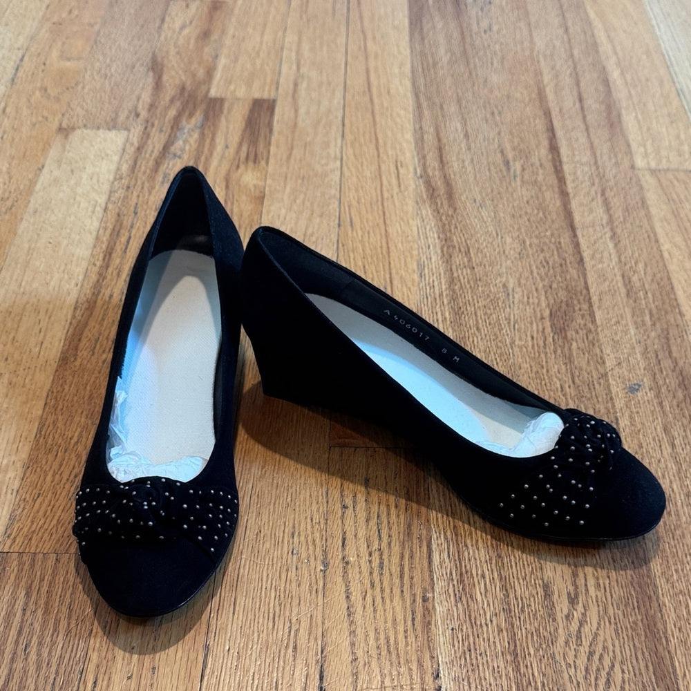 New With Box Stewart Weitzman Dotsun Black Suede Wedges with Studded Bow Size 8