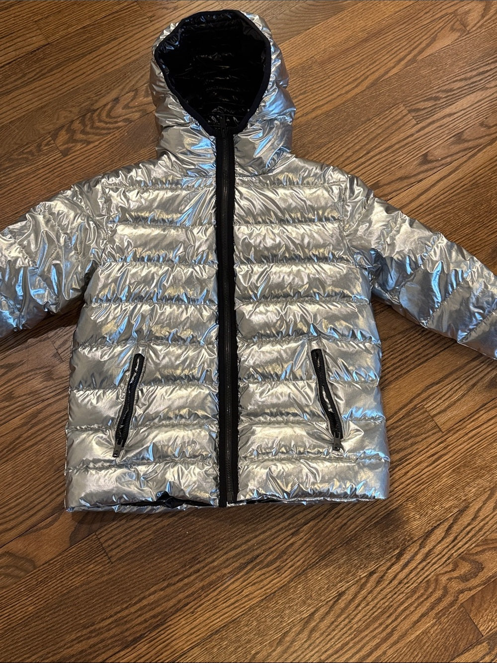Moose Knuckles Kids Silver Puffer Jacket with Hood Size Medium