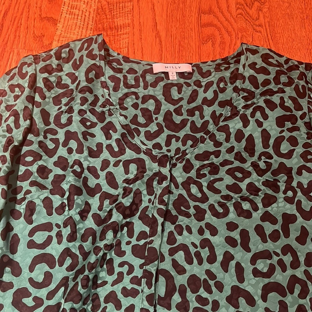 Milly Woman’s Green Leopard Silk Top Size P