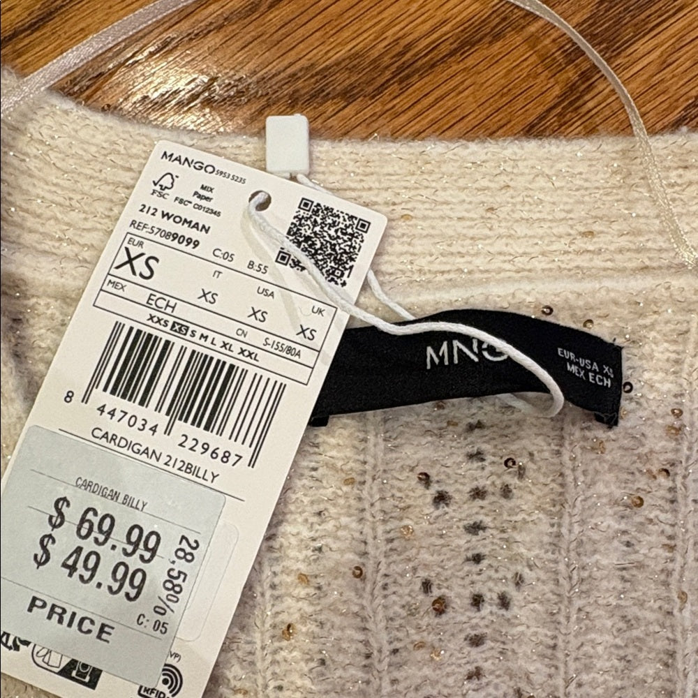 NWT MNG Woman’s Cream Sparkle Cardigan Size XS