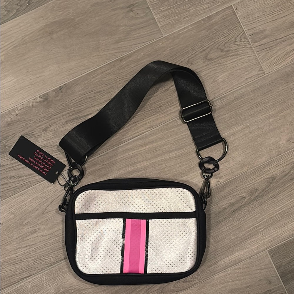Haute Shore Girls Black and White Crossbody Bag with Pink Accent