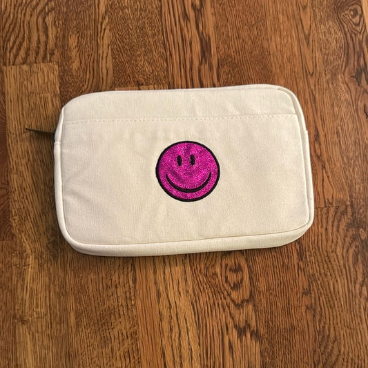 Bag Edge White Canvas Pouch with Pink Smiley Face