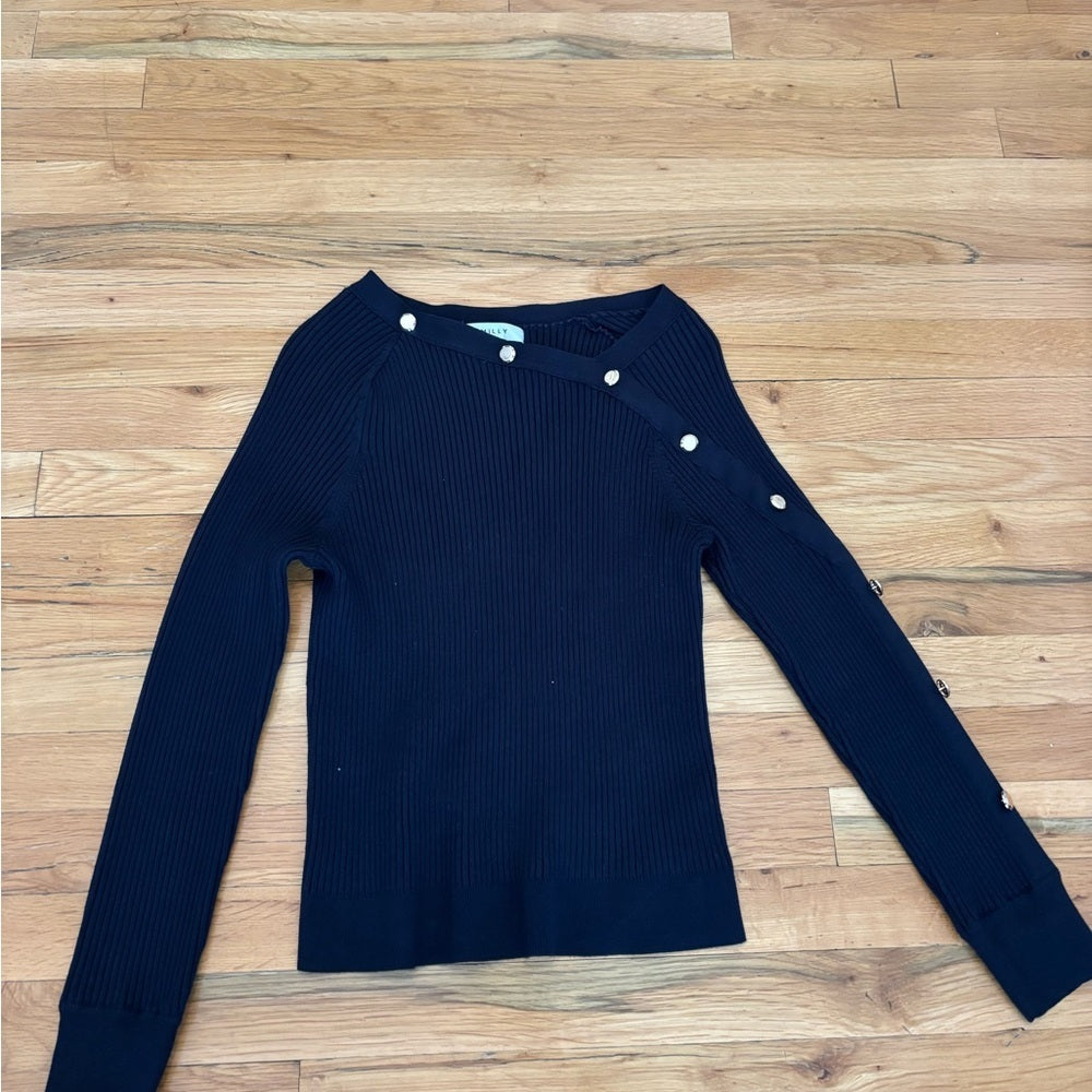 Milly Women’s Navy Ribbed Sweater with Button Detail