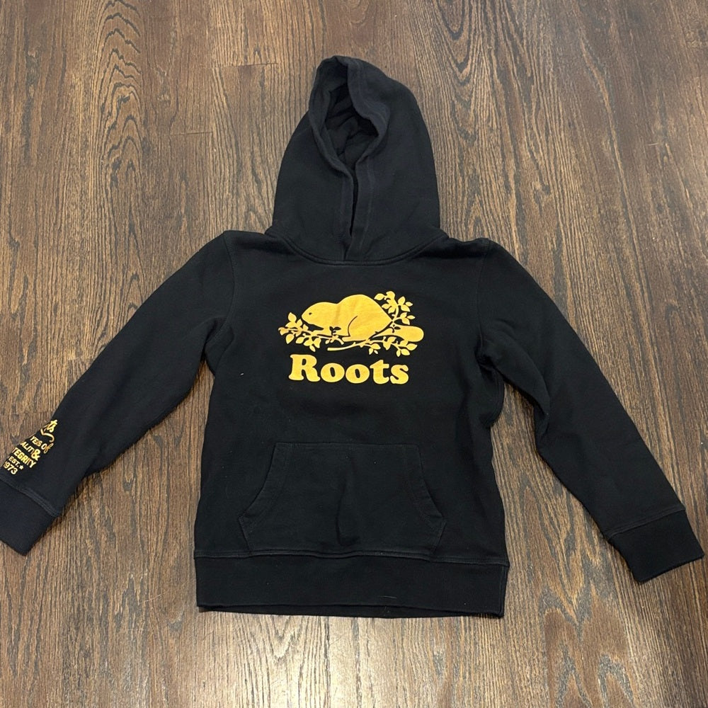 Roots Kids Hoodie in Black with Yellow Logo Size Large